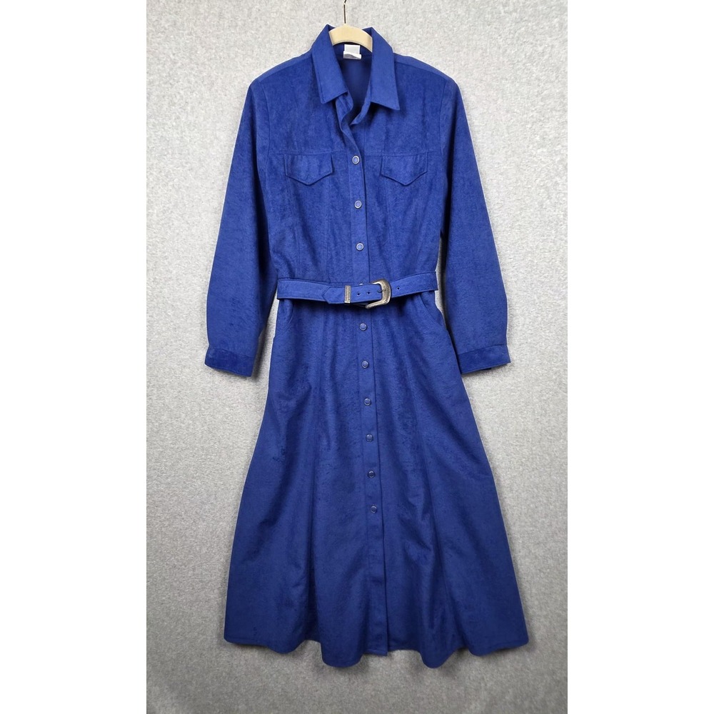 Vintage Willi Of California Dress Womens 8 Blue Belted Snap Front Midi USA